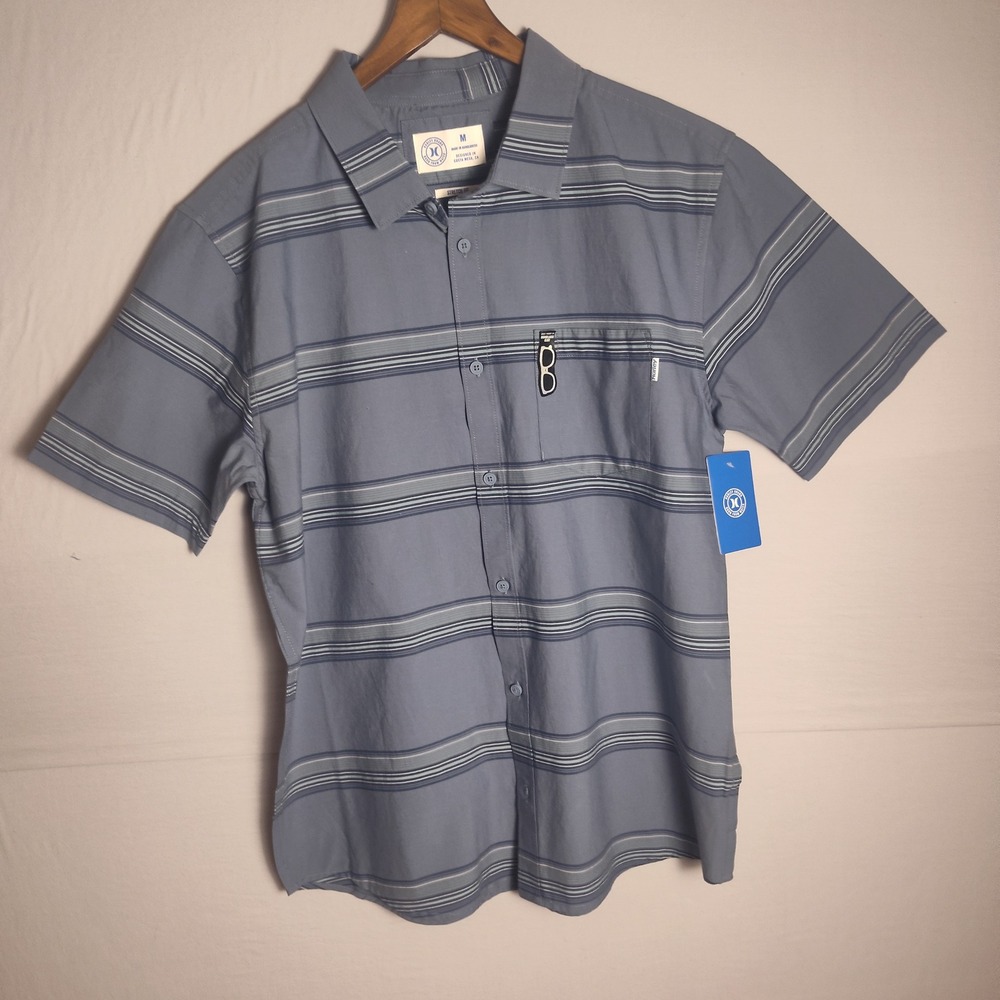Hurley Mens Short Sleeve Button Up Shirt Blue Gray Striped Stretch Fit Size M